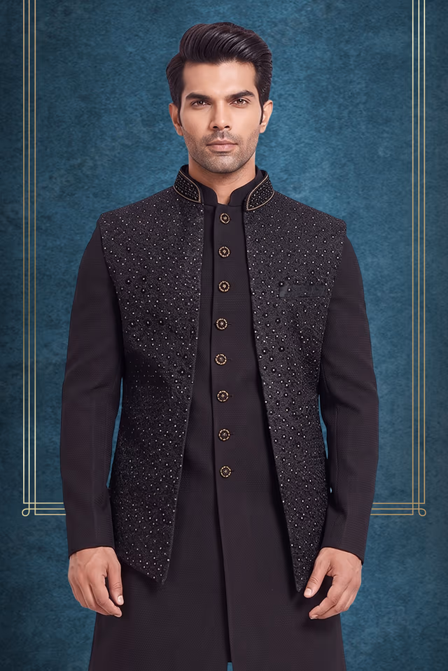 Black  Embellished Nehru Jacket and Gold Detailing Sherwani — back view, rent in Kochi