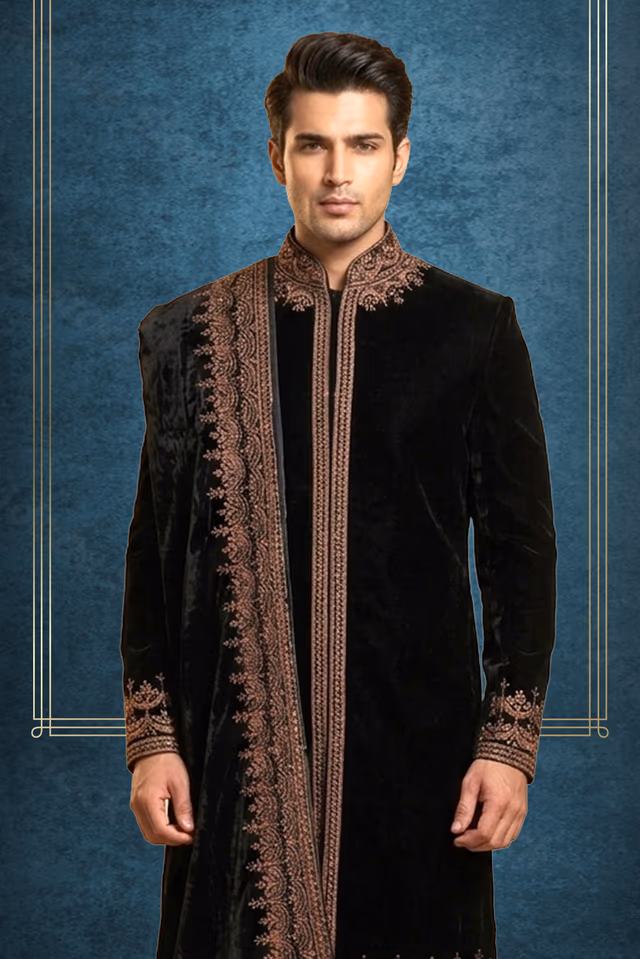Exquisite Black Velvet Sherwani Featuring Vintage Embroidery Details — back view, rent in Calicut