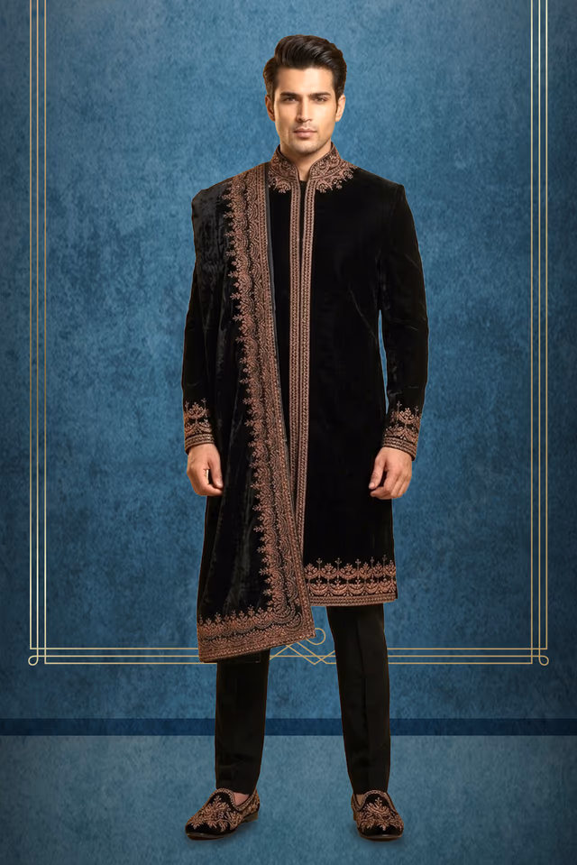 Exquisite Black Velvet Sherwani Featuring Vintage Embroidery Details — rent in Calicut