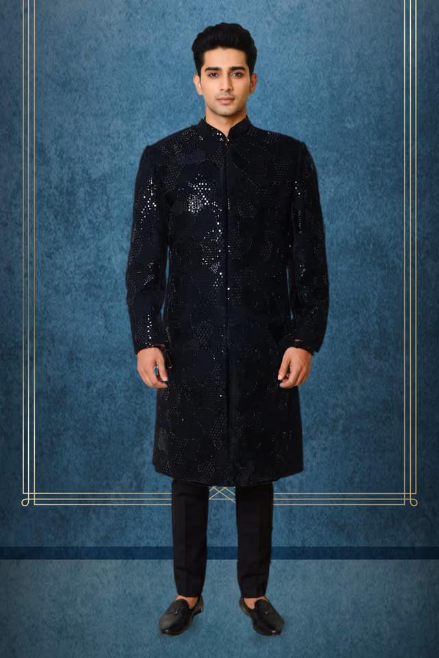 Stunning Black Sherwani Featured With Intricate Sequins And Beadwork. Its Long Silhouette Is Accented By… — rent in Calicut