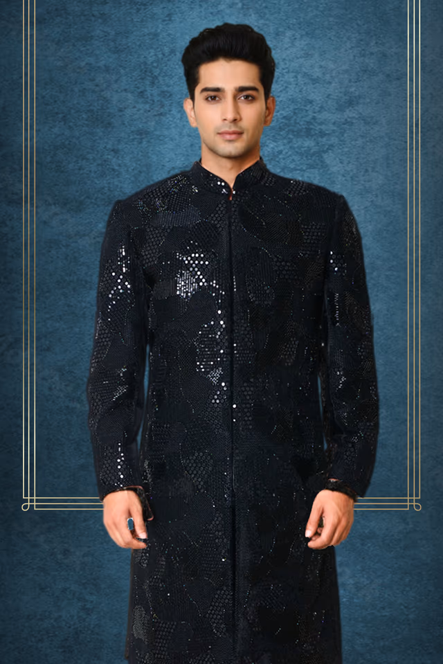 Stunning Black Sherwani Featured With Intricate Sequins And Beadwork. Its Long Silhouette Is… — back view, rent in Calicut