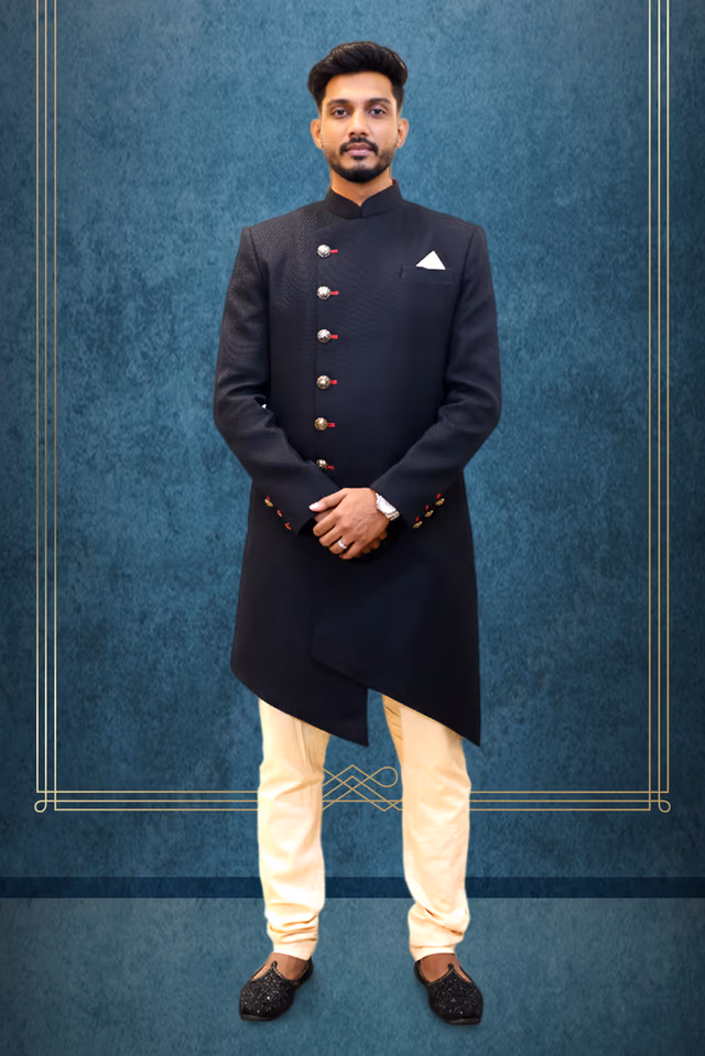 Classic Black Sherwani with Golden Churidar — rent in Kochi