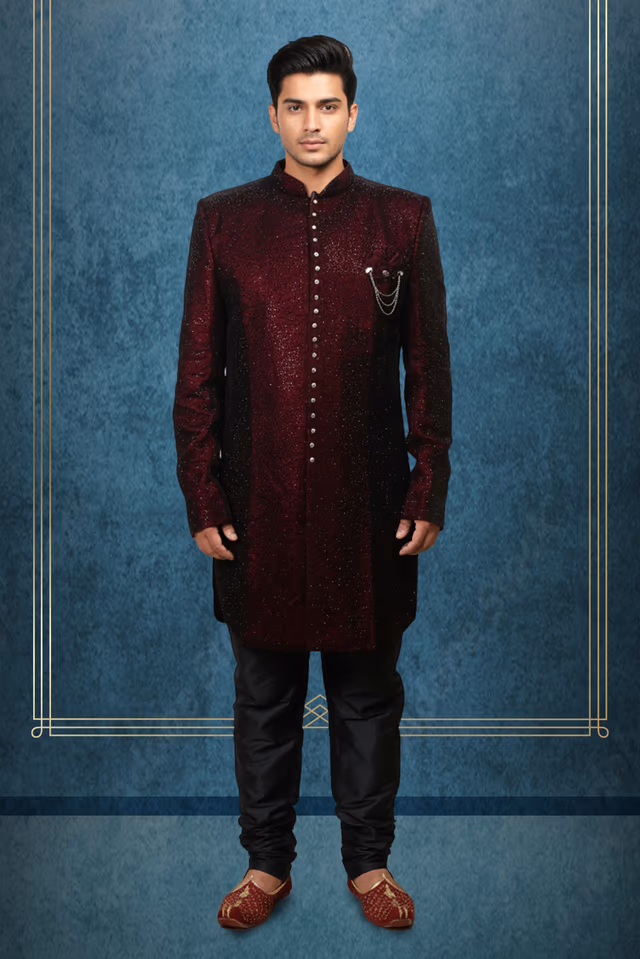 Maroon Grooms Sherwani  With Golden Embellished Buttons — rent in Calicut