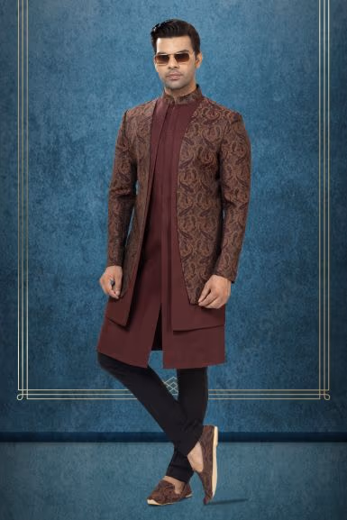 Maroon Silk Kurta  with Brown Paisley Brocade  Indo-Western Sherwani — rent in Coimbatore