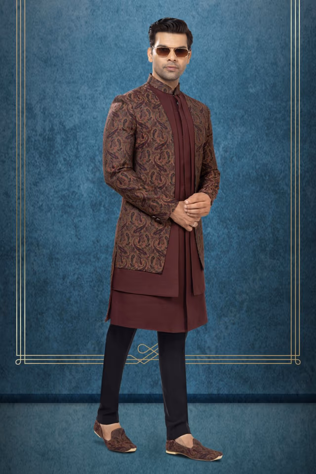 Maroon Silk Kurta  with Brown Paisley Brocade  Indo-Western Sherwani — back view, rent in Coimbatore
