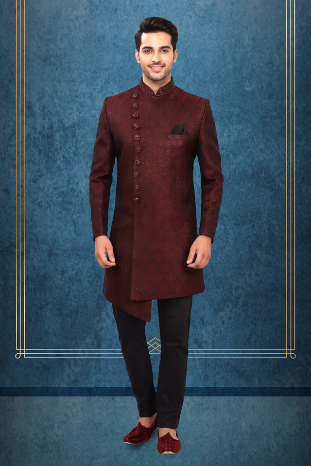 Maroon Textured Indo-Western Sherwani with Asymmetric Cut — rent in Kochi