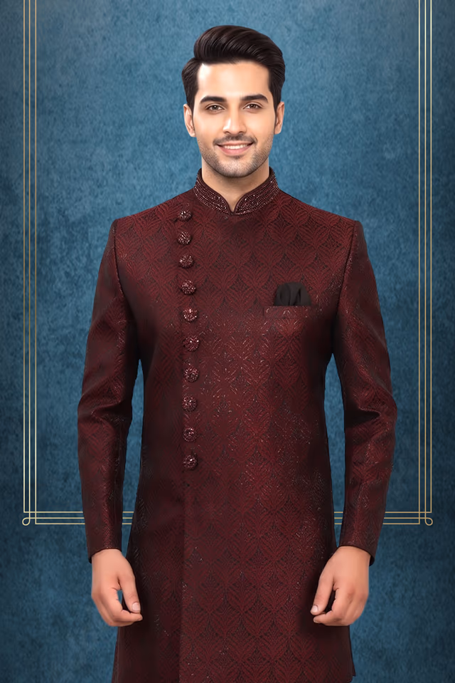 Maroon Textured Indo-Western Sherwani with Asymmetric Cut — back view, rent in Kochi