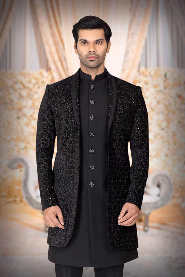 Midnight Black Dashing Two Piece Sherwani — back view, rent in Calicut