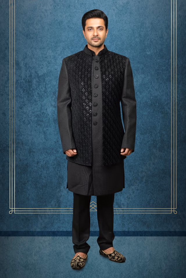 Midnight Black Grooms Jacket Sherwani — rent in Calicut