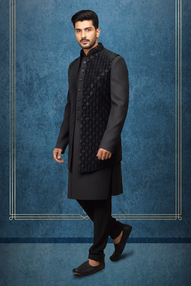 Midnight Black Grooms Jacket Sherwani — back view, rent in Calicut