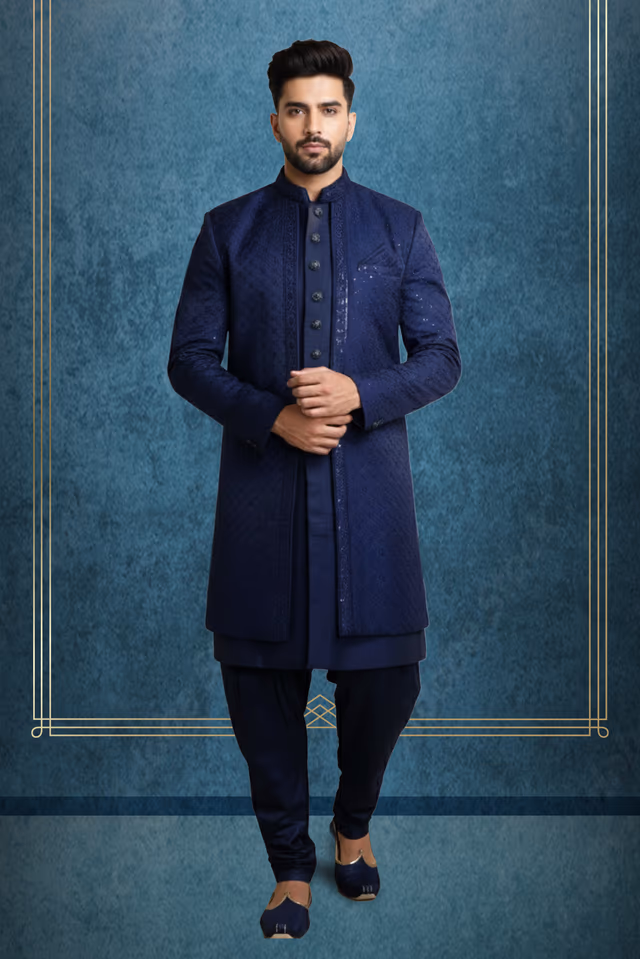 Modern Navy Blue Sherwani Featuring A Subtle Textured Fabric Design And Bold Decorative Antique Metallic… — rent in Calicut