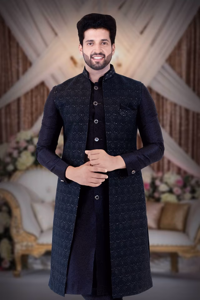 Navy Blue Jacket Sherwani — back view, rent in Calicut