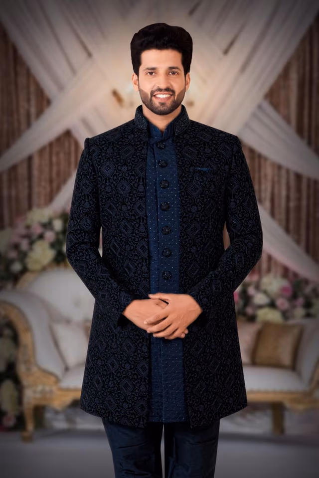 Navy Blue Jacquard Sherwani — back view, rent in Calicut