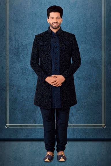 Navy Blue Jacquard Sherwani — rent in Calicut