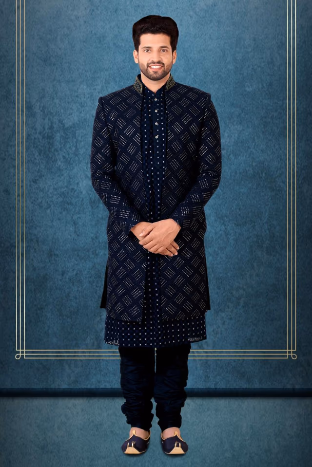 Navy Blue Lakhnavi Sherwani — view 1 of 6
