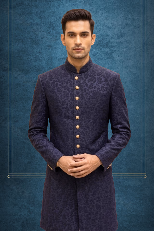 Elegant navy blue quilted sherwani with embossed golden button detailing — back view, rent in Bangalore