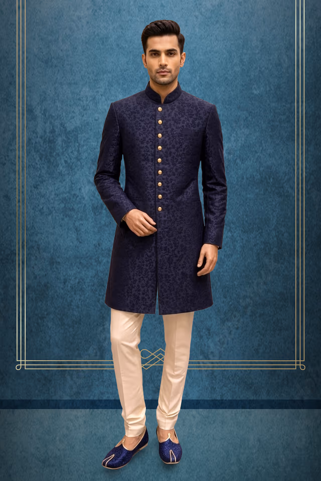 Elegant navy blue quilted sherwani with embossed golden button detailing — rent in Bangalore