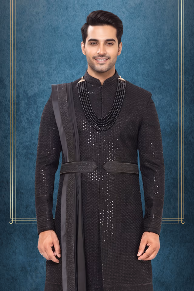 Regal Black Embroidered Sherwani Set with Dupatta — back view, rent in Kochi