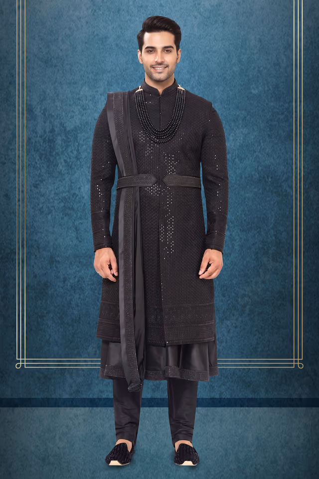Regal Black Embroidered Sherwani Set with Dupatta — rent in Kochi