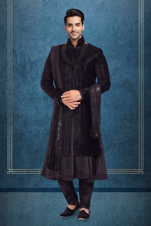 Regal Black Sequined Sherwani Set with Draped Stole — rent in Kochi