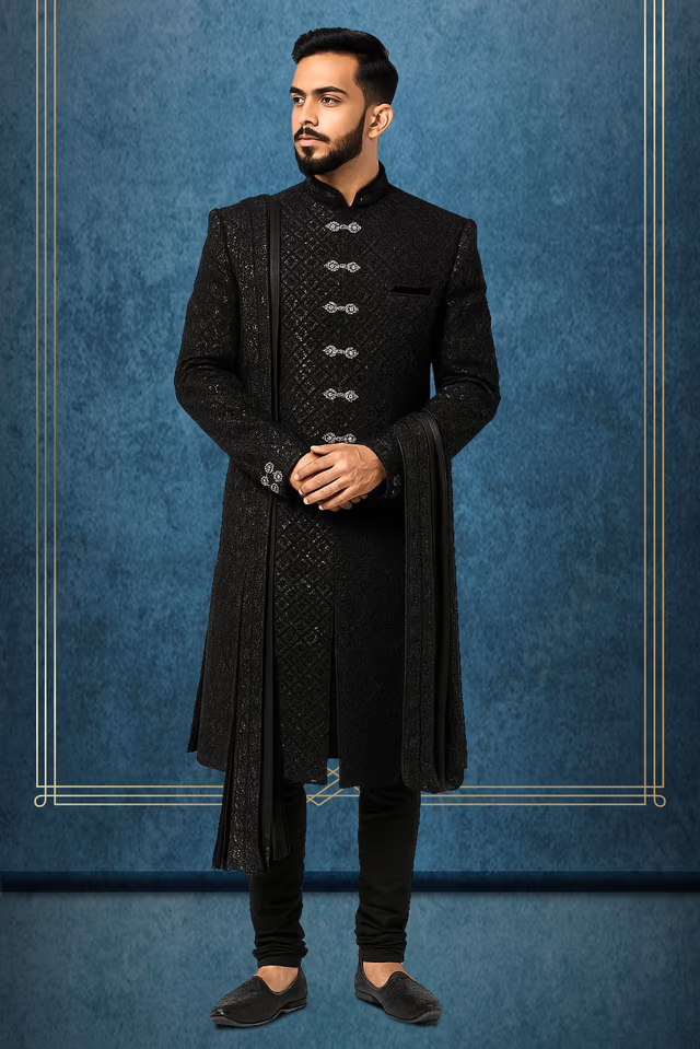 Black Sequin work Grooms Sherwani With Same Color Pant — rent in Calicut