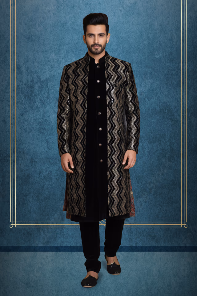 Black Sherwani Set With Silver Self Textured Jacket And Same Colour Pant — rent in Calicut