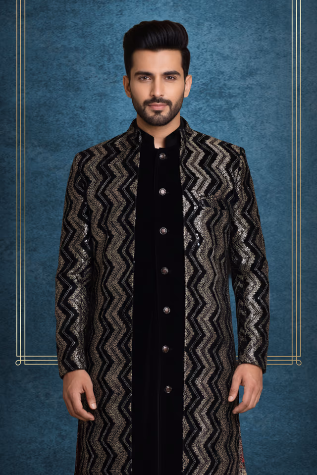 Black Sherwani Set With Silver Self Textured Jacket And Same Colour Pant — back view, rent in Calicut