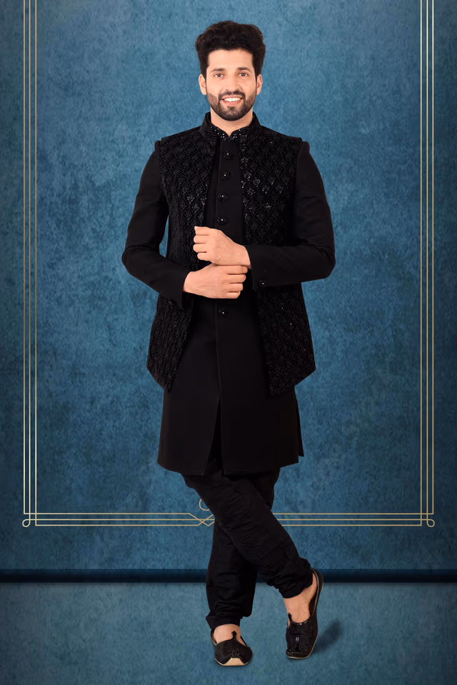 Black Silky Jacquard Sherwani — rent in Calicut