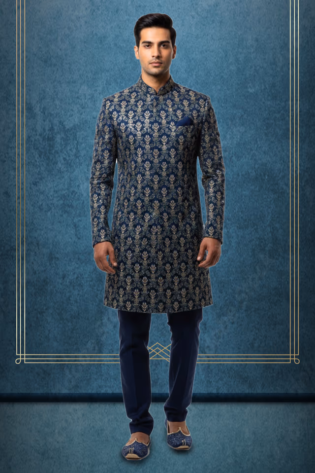 Teal Blue Grooms Sherwani With Heavy Sequins Work Detail — rent in Calicut