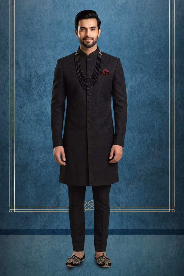 Black Textured Indo-Western sherwani — rent in Kochi