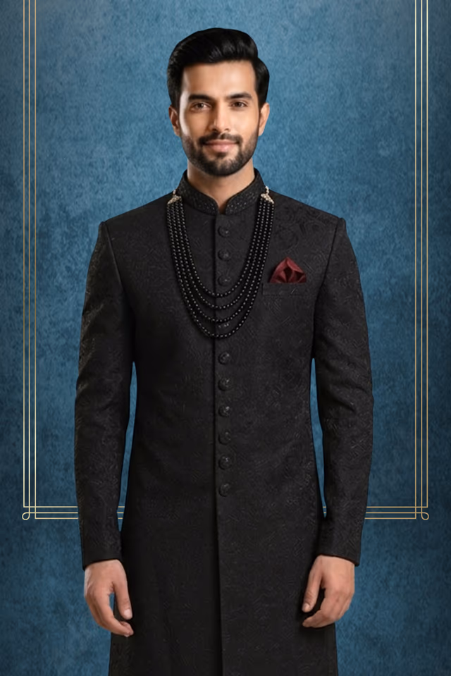 Black Textured Indo-Western sherwani — back view, rent in Kochi