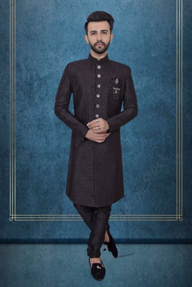 Black Textured Jacquard Sherwani  with Silver Buttons — rent in Coimbatore