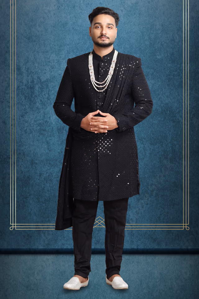 Black Textured Mens Sherwani With Black Pajama And  Shawl — view 1 of 4