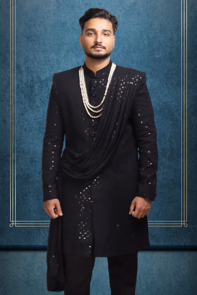 Black Textured Mens Sherwani With Black Pajama And  Shawl — back view, rent in Calicut
