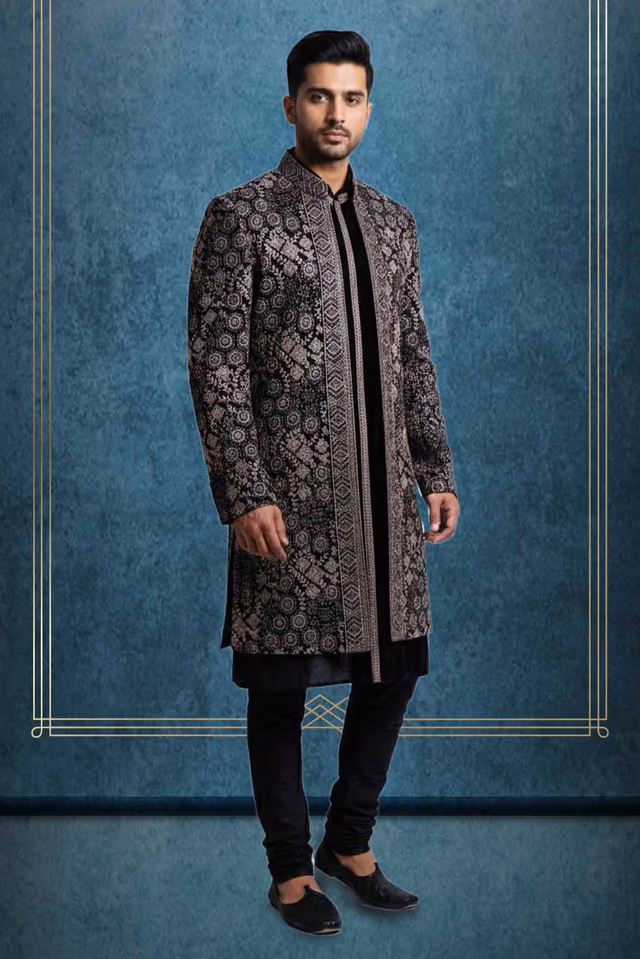 Black Velvet Grooms Sherwani With Over Jacket Embellished With Threadwork — rent in Calicut
