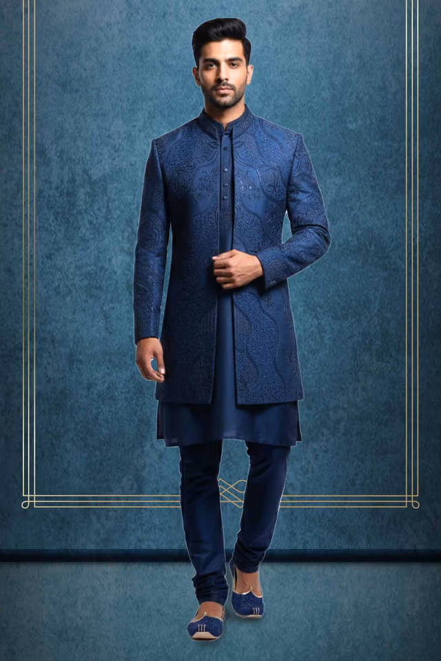 Black Velvet Grooms Sherwani With Threadwork Details Along With Same Color Pyjama Pant — rent in Calicut