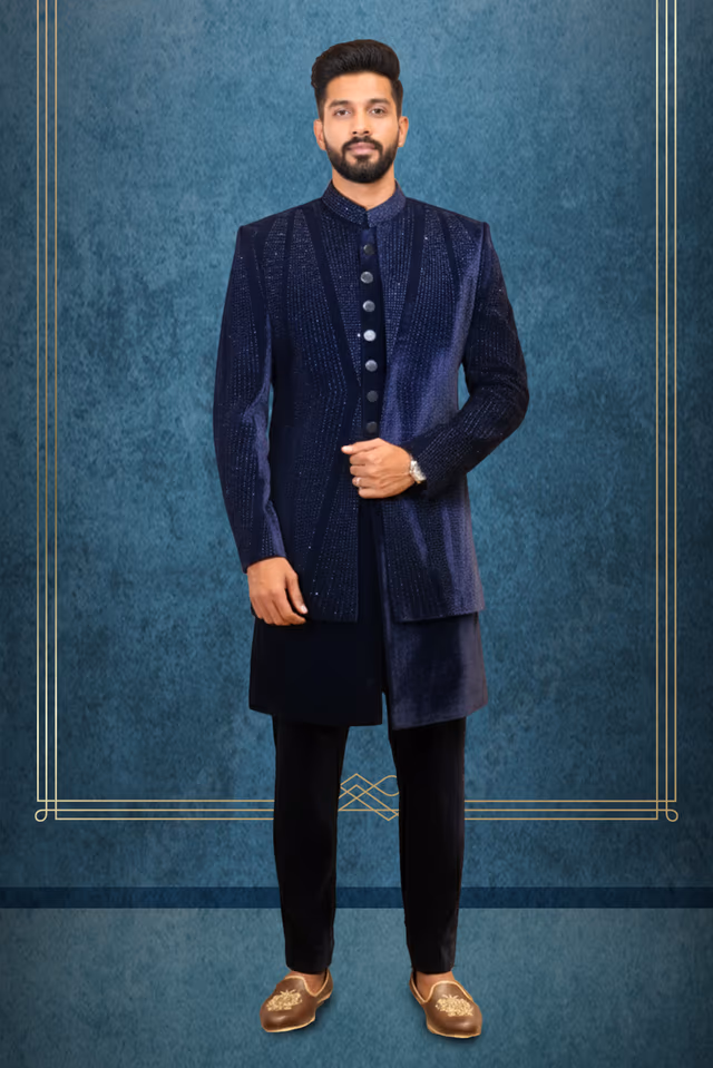 Velvet Indo-Western Sherwani Set — rent in Kochi