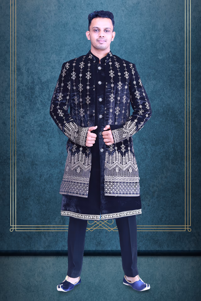 Black Velvet Sherwani With Threadwork Details — rent in Calicut