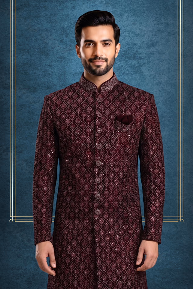 Wine Embroidered Velvet Sherwani — back view, rent in Kochi