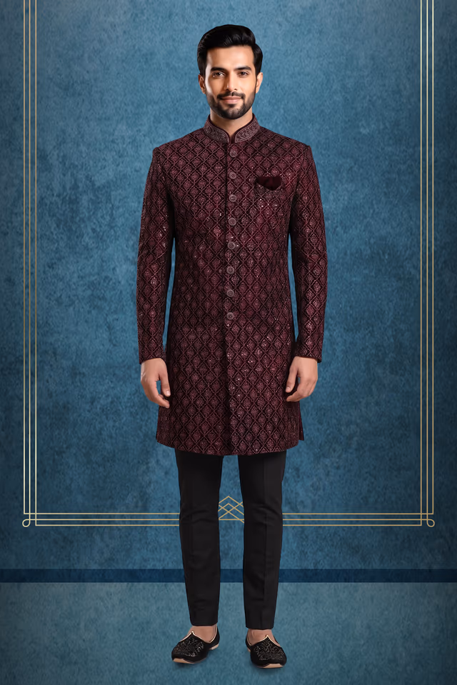 Wine Embroidered Velvet Sherwani — rent in Kochi