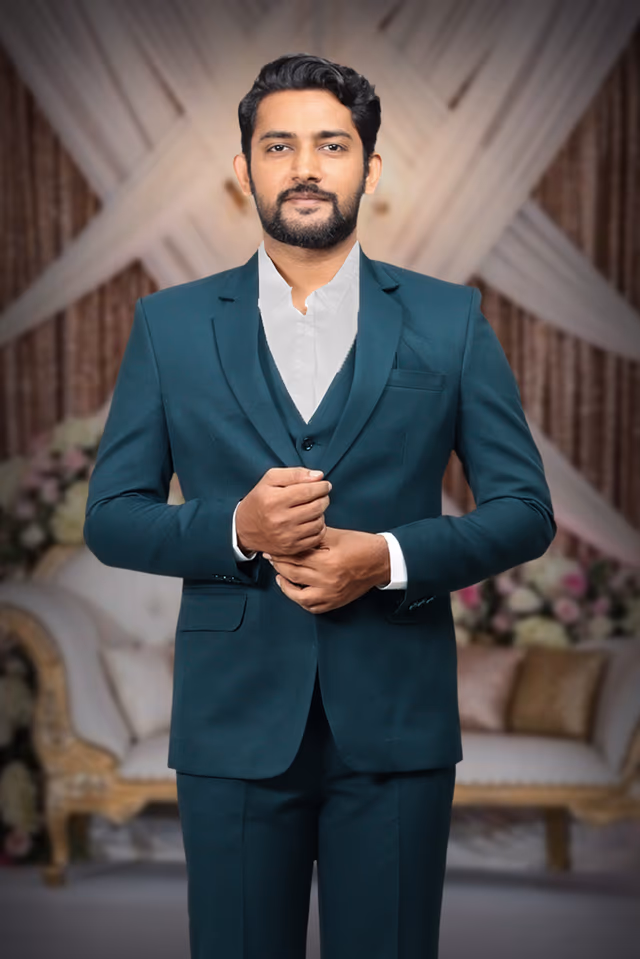 3 Piece Imported Fabric Dark Teal Green Suit — back view, rent in Kochi