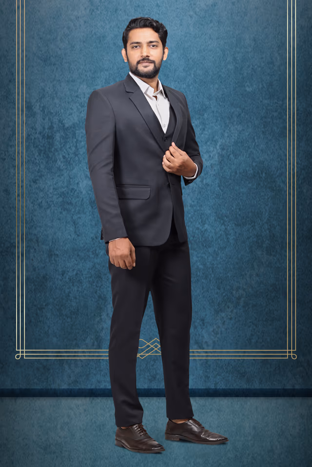 3 Piece Black Suit — back view, rent in Kochi