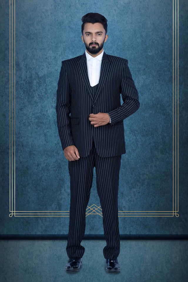 3Pcs Terry Rayon In Black And White Classic Strip 3Pc Suit — rent in Calicut