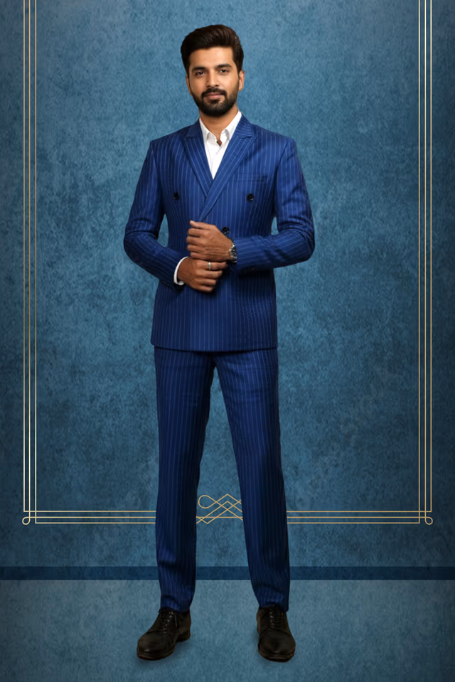 Blue Grey Double Breasted Suit set — rent in Calicut