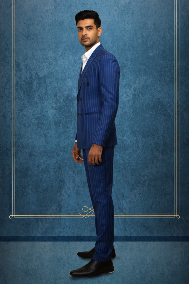 Blue Grey Double Breasted Suit set — back view, rent in Calicut