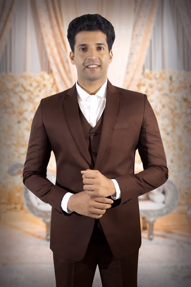 Coffee Brown Suit — back view, rent in Calicut
