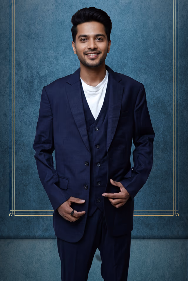 Navy blue tuxedo — back view, rent in Bangalore