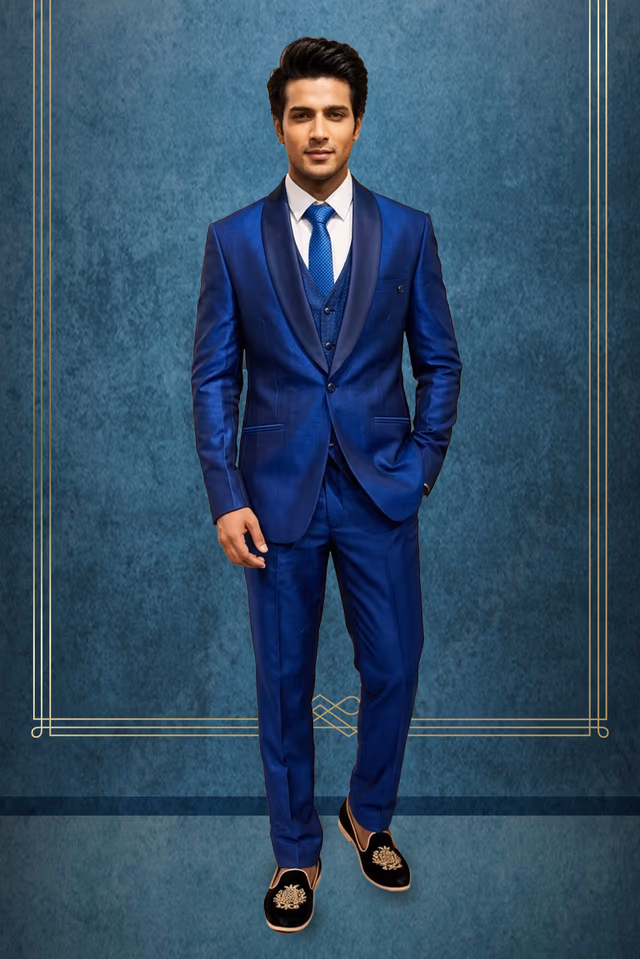 Royal blue Shimmer textured suit set — rent in Coimbatore