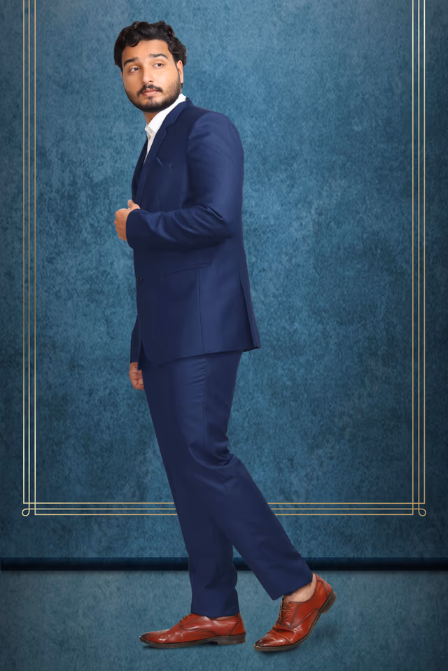 Royal Blue Three-Piece Suit — back view, rent in Kochi