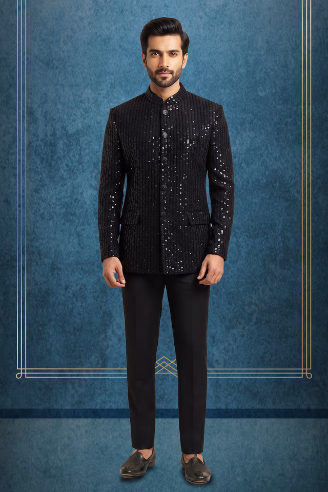 Black Textured Velvet Bandhgala Jodhpuri Jacket with Gold Brooch and Pocket Square. — rent in Calicut